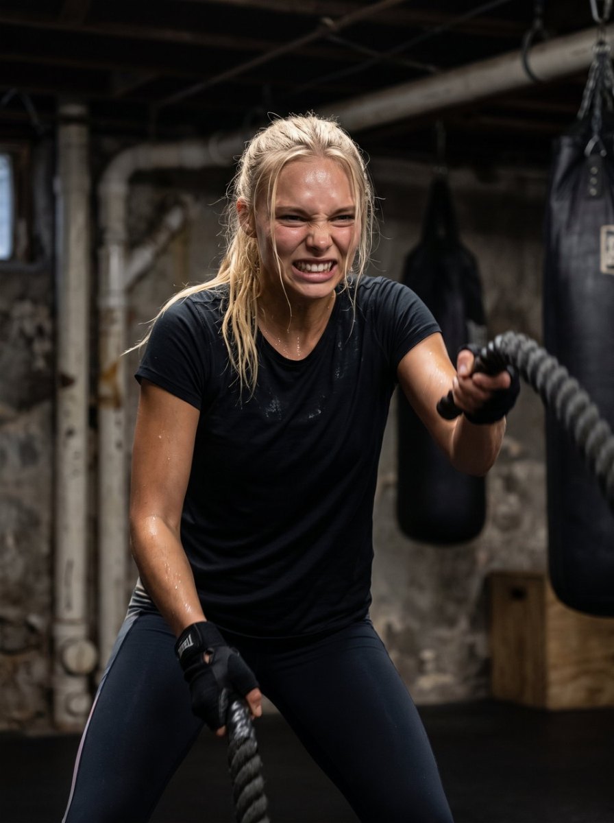 Michelle working battle ropes, teeth bared with the effort