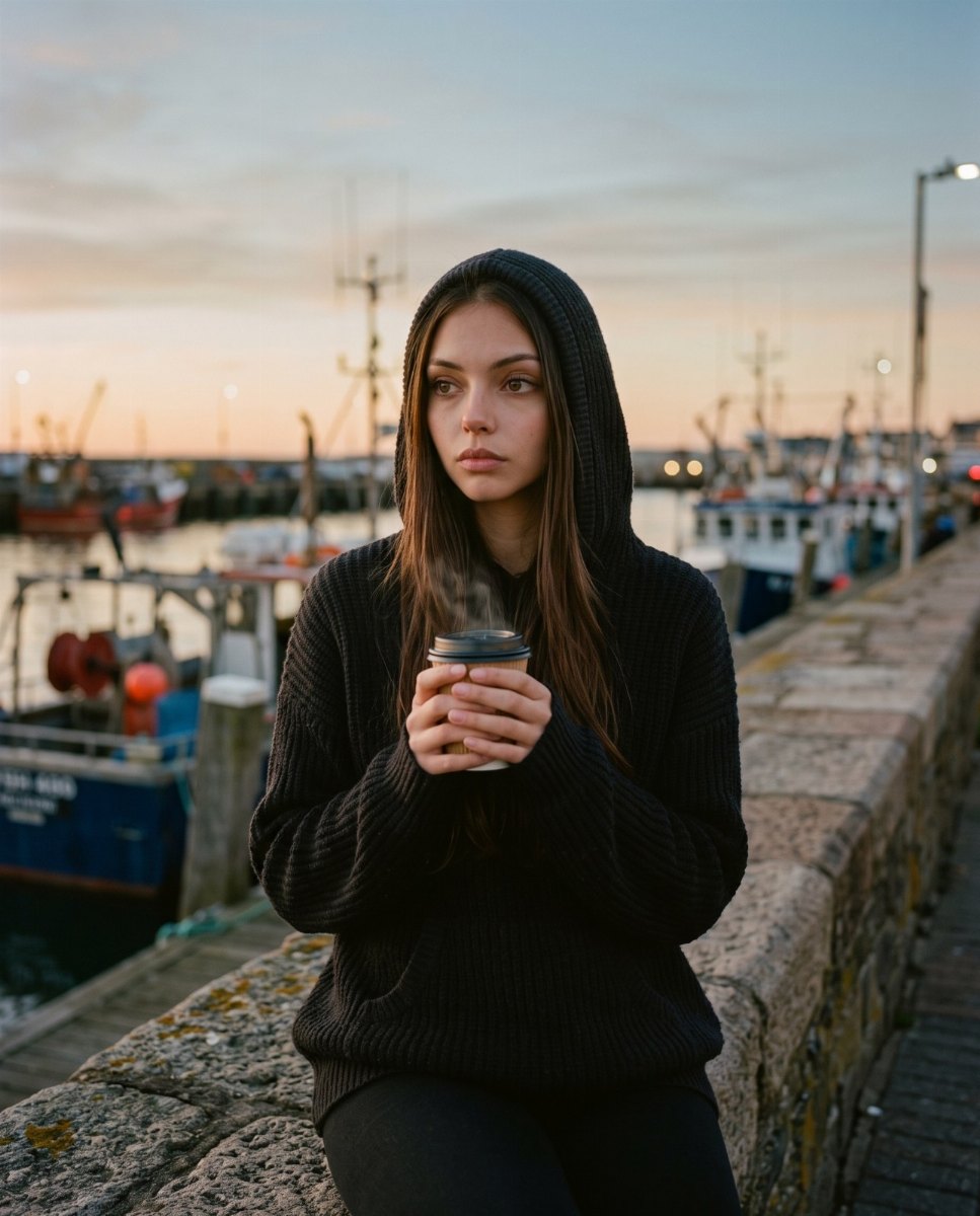 Sofia Storm on the harbour wall at dawn with a coffee