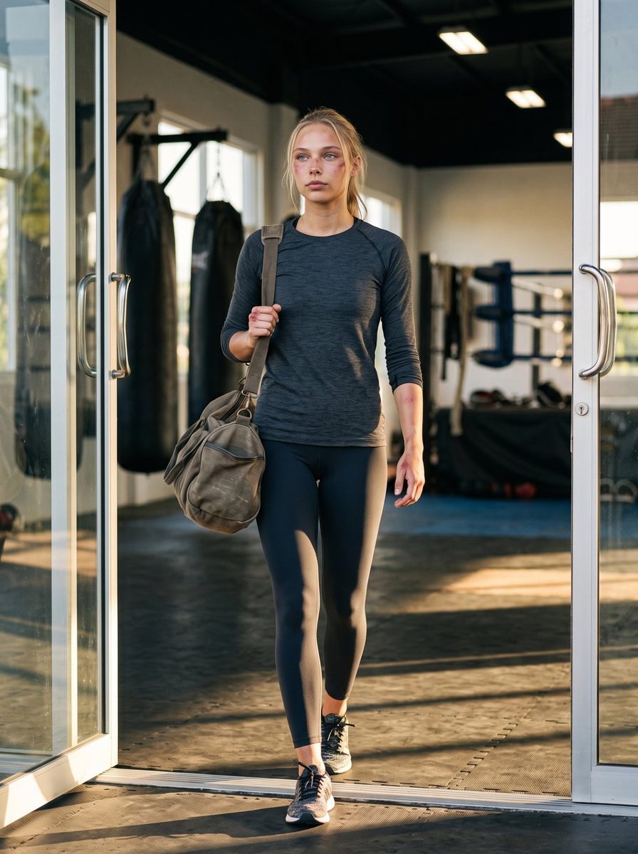 Michelle walking into the gym with her training bag