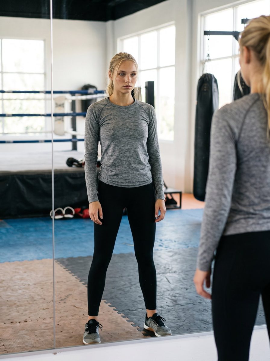 Michelle full length in the gym mirror between rounds