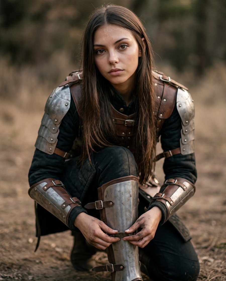 Sofia Storm in leather and steel armour on an open field