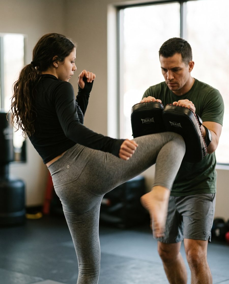Sofia Swift driving a knee into the pads
