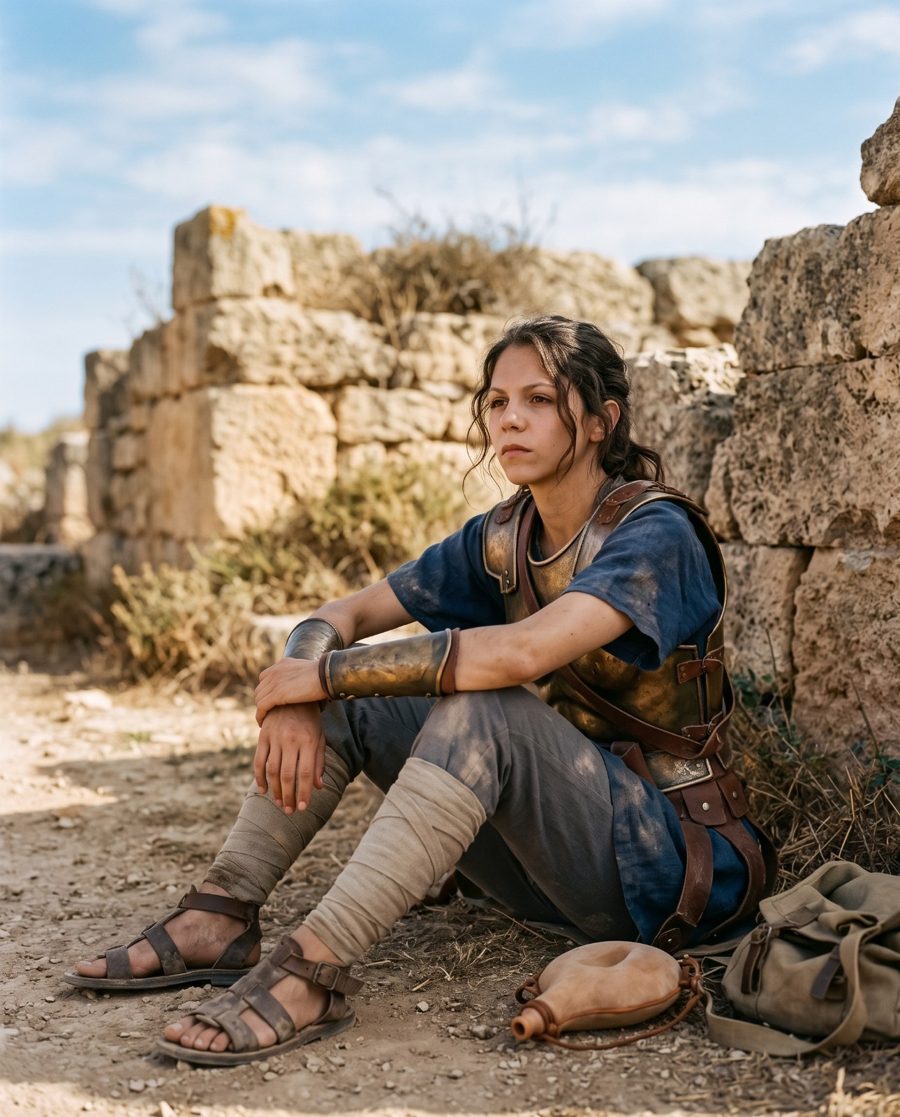 Sofia Swift in ancient-warrior costume among ruins