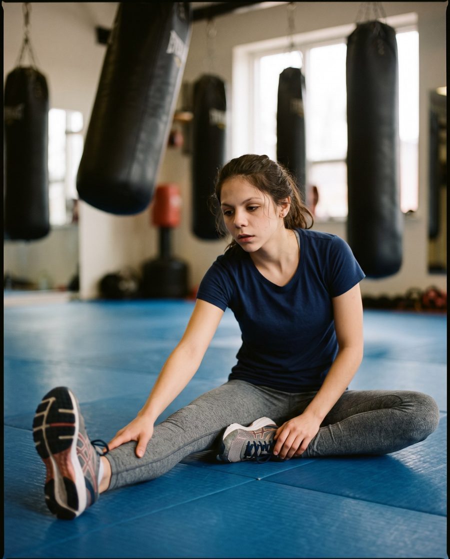 Sofia Swift stretching on the mats
